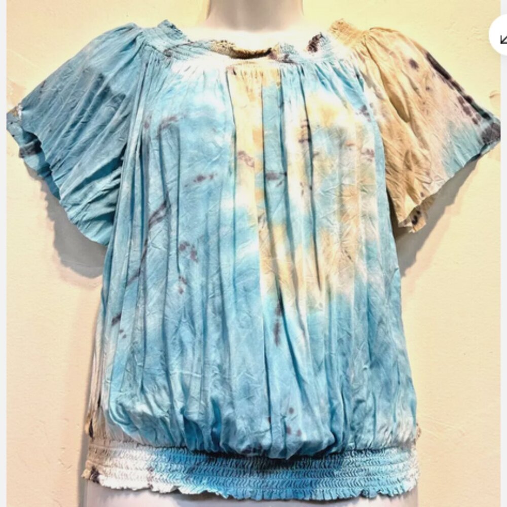 SACRED THREADS tie dye hippie boho funky smocked rayon TOP BLOUSE S/M